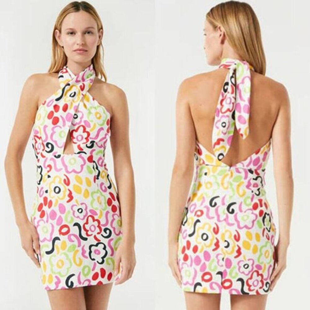 NEW Rhode Tali Lip Painted Bloom Halter Cut-Out Mini Dress Multi Color Size: 2